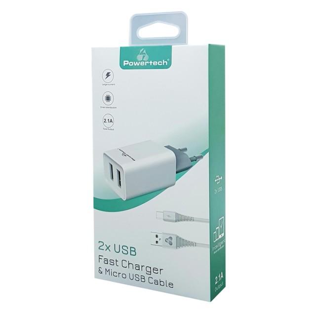 POWERTECH φορτιστής τοίχου PT-775, καλώδιο micro USB, 2x USB 2.1A, λευκό