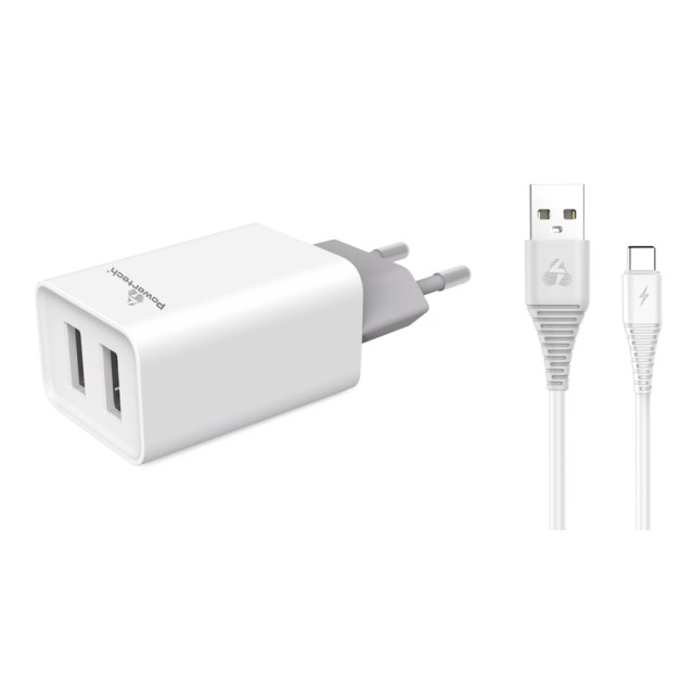 POWERTECH φορτιστής τοίχου PT-776 με καλώδιο USB-C, 2x USB, 2.1A, λευκό