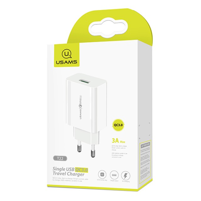 USAMS φορτιστής τοίχου T22, 1x USB, QC3.0 18W 3A, λευκός