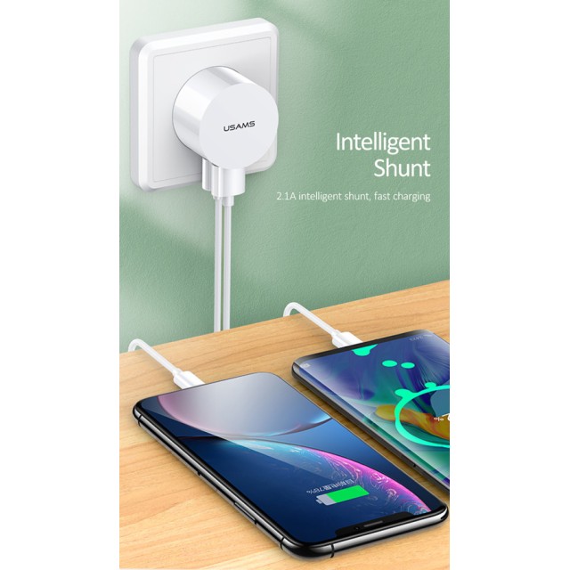 USAMS φορτιστής τοίχου T20 & καλώδιο Lightning, 2x USB, 2.1A, λευκός