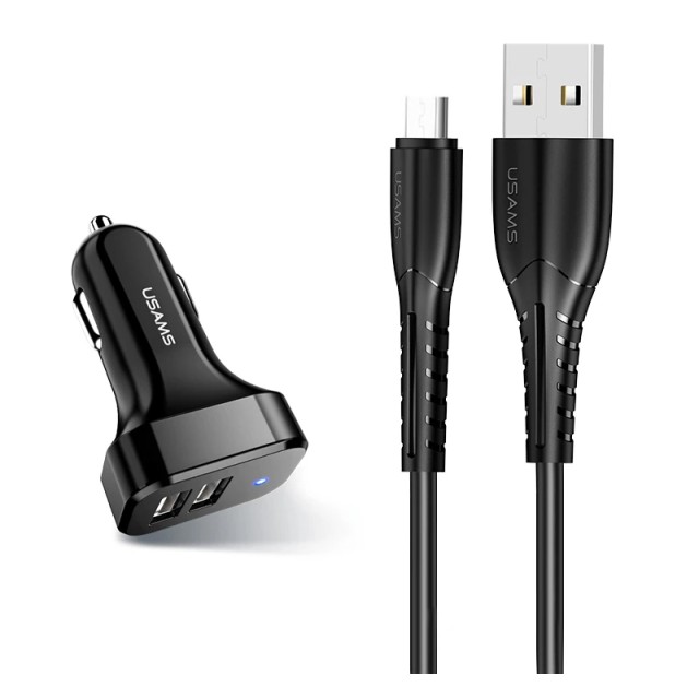 USAMS φορτιστής αυτοκινήτου C13 & καλώδιο Micro USB, 2x USB, 2.1A, μαύρο