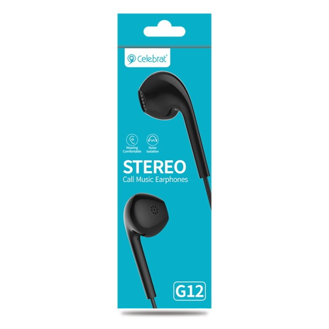 CELEBRAT earphones με μικρόφωνο G12, 3.5mm σύνδεση, Φ14.2mm, 1.2m, μαύρο