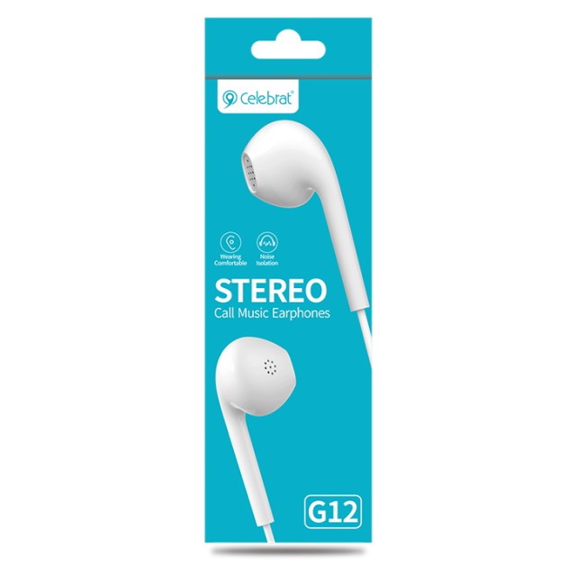 CELEBRAT earphones με μικρόφωνο G12, 3.5mm σύνδεση, Φ14.2mm, 1.2m, λευκό