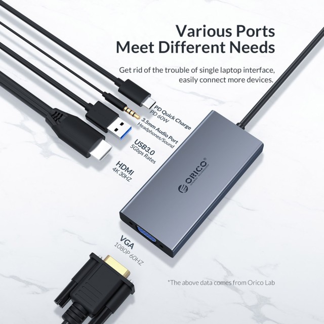 ORICO docking station MC-U501P, 5 θυρών, USB-C σύνδεση, 60W PD, 4K, γκρι