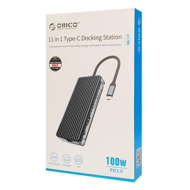 ORICO docking station WB-11P, 11 θυρών, USB-C σύνδεση, 100W PD, 4K, γκρι