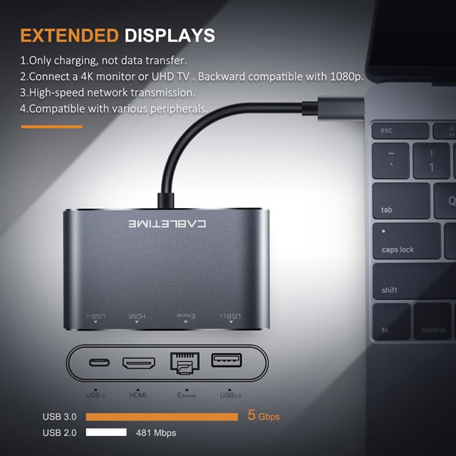 CABLETIME docking station CMHD41, 4 θυρών, USB-C, 20V/3A PD, 4K, γκρι