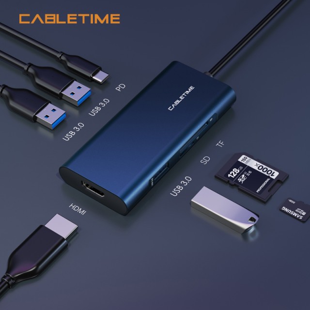 CABLETIME docking station CMHD71, 7 θυρών, USB-C, 100W, 4K, μπλε