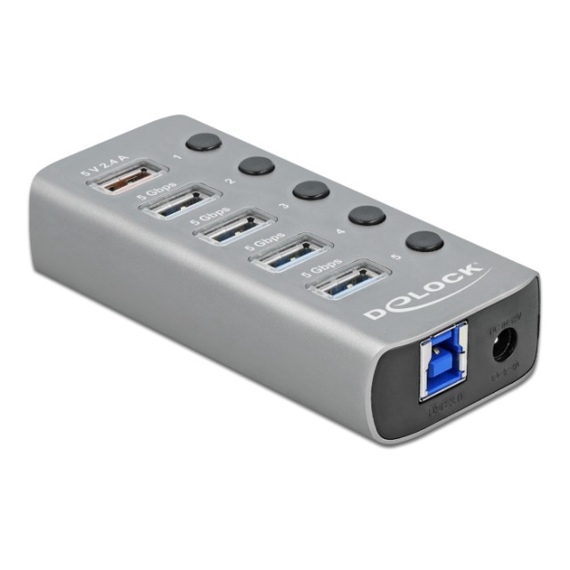 DELOCK USB hub 63262 με διακόπτες, 5x θυρών, 5Gbps, 2.4A, γκρι