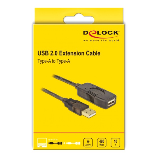 DELOCK καλώδιο USB 2.0 αρσενικό σε θηλυκό 82446, active, 10m, μαύρο