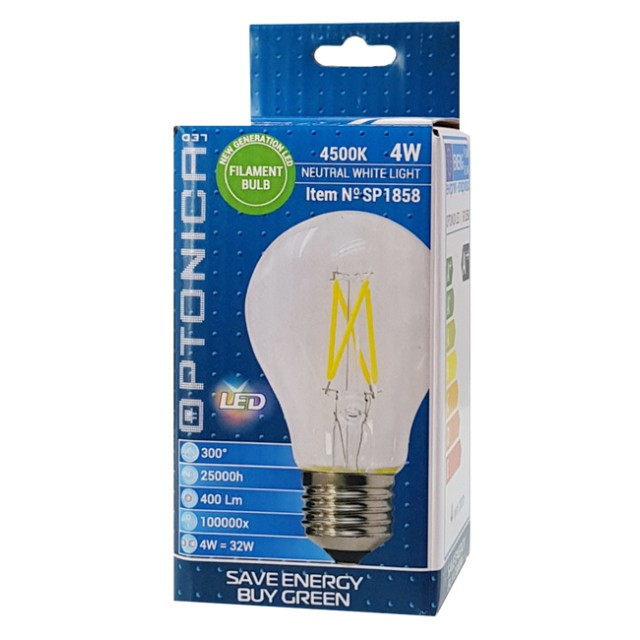 OPTONICA LED λάμπα A60 Filament 1858, 4W, 4500K, E27, 400lm