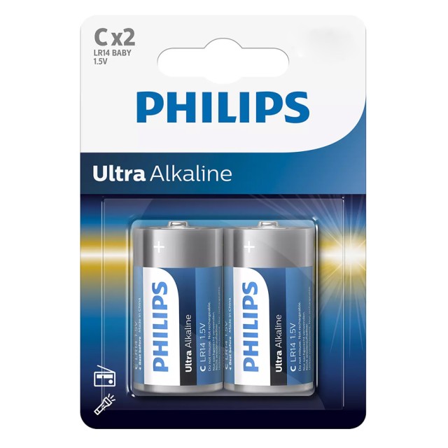 PHILIPS Ultra αλκαλικές μπαταρίες LR14E2B/10, LR14 1.5V, 2τμχ