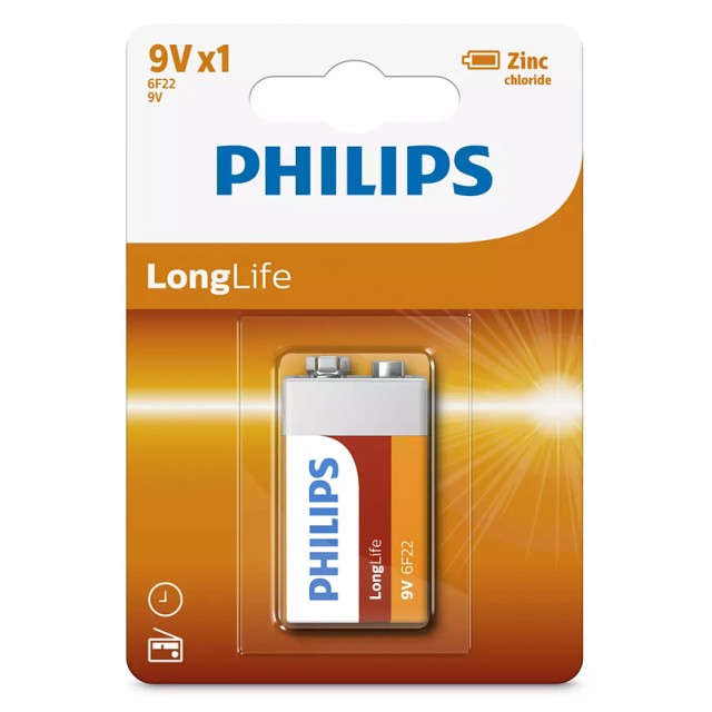 PHILIPS LongLife Zinc chloride μπαταρία 6F22L1B/10, 6F22 9V, 1τμχ