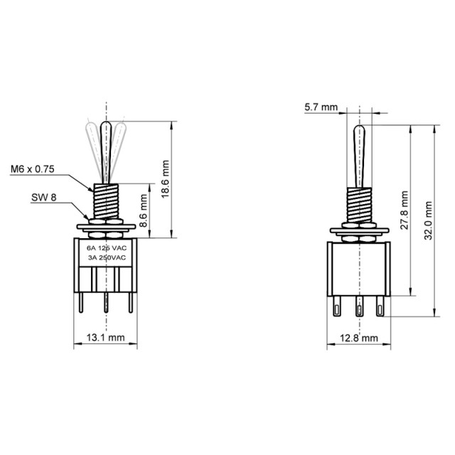 GOOBAY διακόπτης 10023, 6-pin, ON-OFF-ON, 3A 250V, 5τμχ