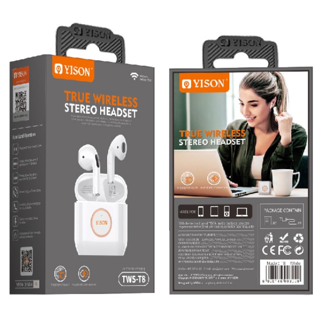 YISON earphones με θήκη φόρτισης T8, True Wireless, Φ13mm, λευκά