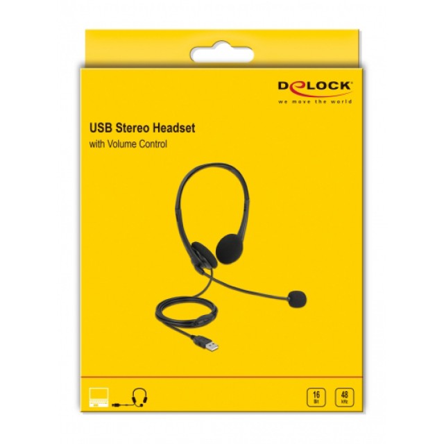 DELOCK headphones με μικρόφωνο 27179, stereo, USB, volume control, μαύρα