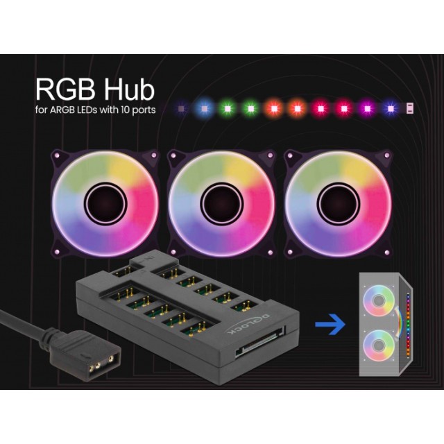 DELOCK RGB hub 64128 για ARGB LEDs, 10 θύρες, μαύρο