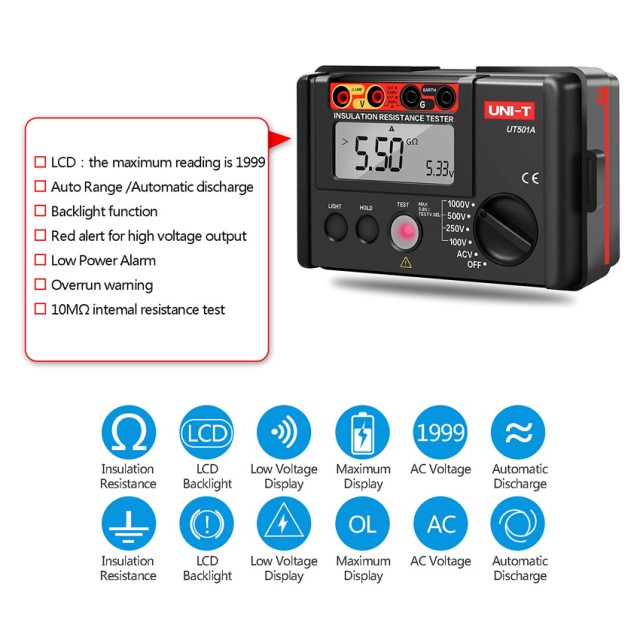 UNI-T Tester μόνωσης UT501A, 100V/250V/500V/1000V