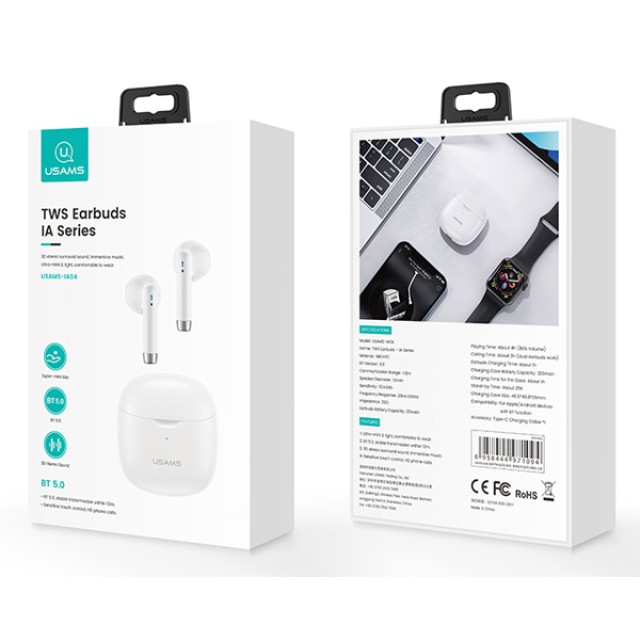 USAMS earphones IA04 με θήκη φόρτισης, True Wireless, Φ13mm, λευκά