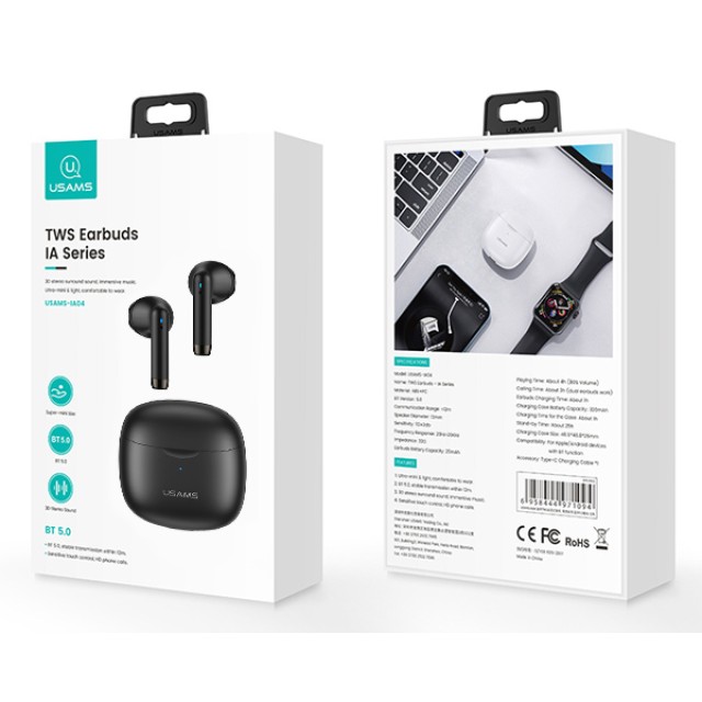 USAMS earphones IA04 με θήκη φόρτισης, True Wireless, Φ13mm, μαύρα