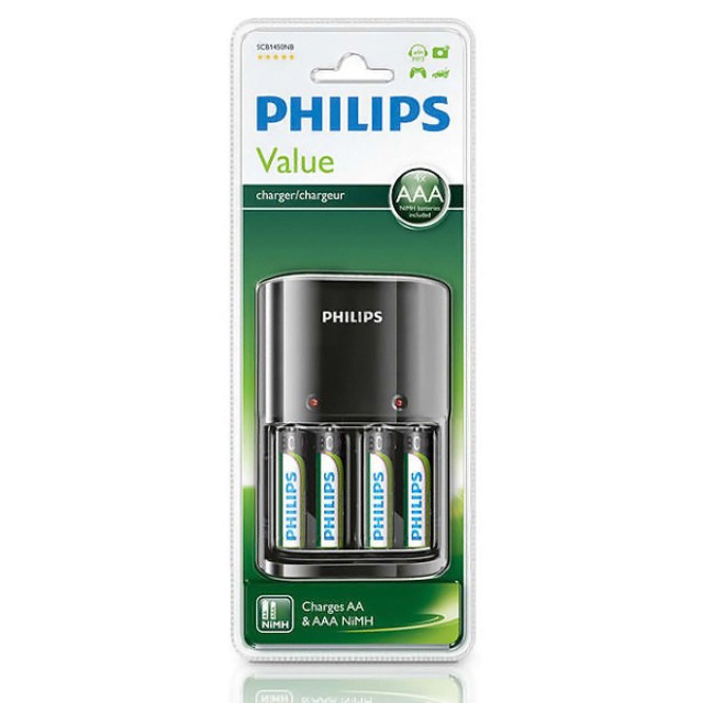 PHILIPS φορτιστής μπαταριών AA & AΑΑ NiMH SCB1450NB με 4x AAA, μαύρος