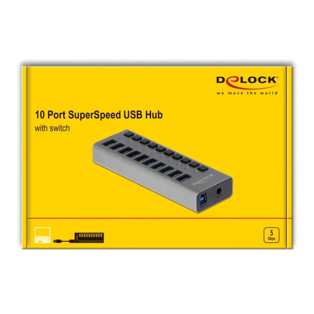 DELOCK USB hub 63670 με διακόπτες, 10x θυρών, 5Gbps, γκρι