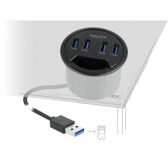 DELOCK USB hub 64153, 4x θυρών, 5Gbps, Φ60mm, USB σύνδεση, μαύρο