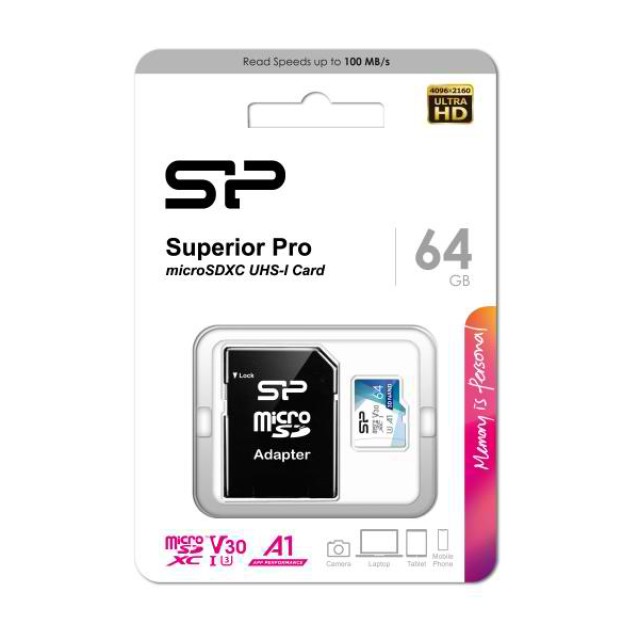 SILICON POWER κάρτα μνήμης microSDXC Superior Pro, 64GB, Class 10 UHS-I U3 A1 V30