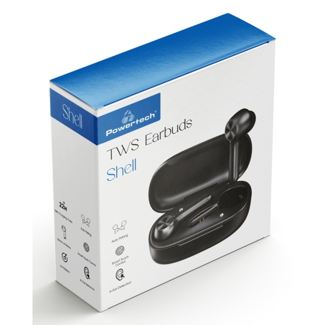 POWERTECH earphones με θήκη φόρτισης Shell, True Wireless, μαύρα