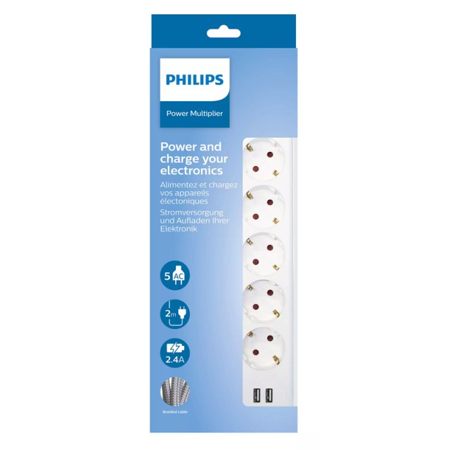 PHILIPS πολύπριζο SPN3052WA, 5x schuko 16A, 2x USB 2.4A, 2m, λευκό