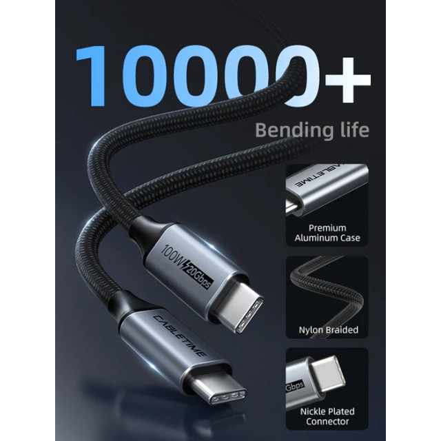 CABLETIME καλώδιο USB-C CT-CMCM2, USB 3.1, 100W, 20Gbps, 4K, 1.5m, μαύρο
