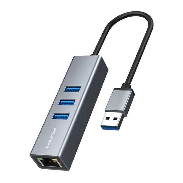 CABLETIME USB hub CT-AMLU3, RJ45 & 3x USB θύρες, 5Gbps, 1000Mbps, γκρι