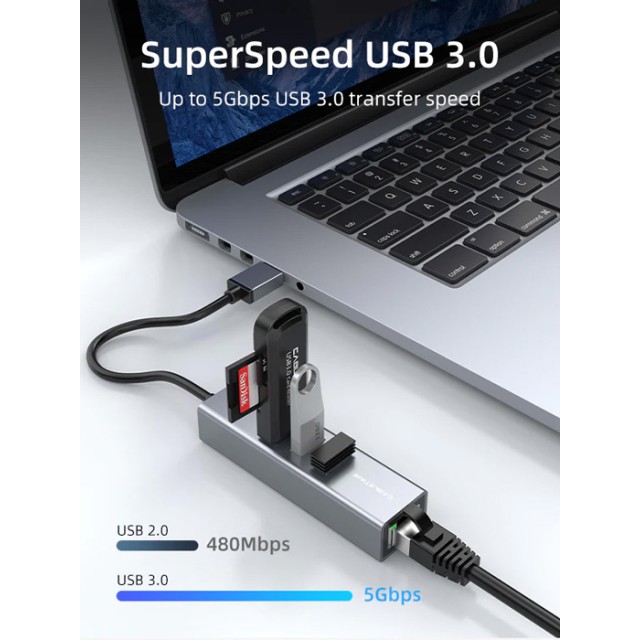 CABLETIME USB hub CT-AMLU3, RJ45 & 3x USB θύρες, 5Gbps, 1000Mbps, γκρι