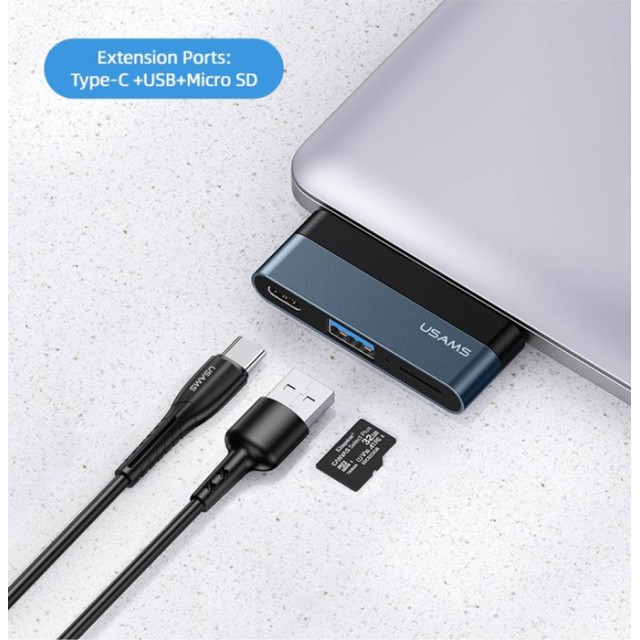 USAMS USB hub US-SJ491 με card reader, 2x θυρών, 5Gbps, 60W, USB-C, γκρι