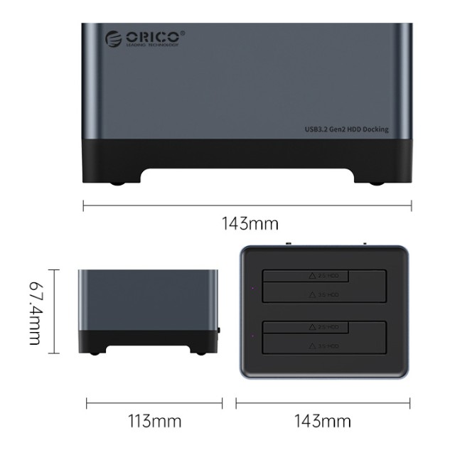 ORICO docking station 5828C3-C, clone function, 2x HDD/SSD, 10Gb/s, RGB