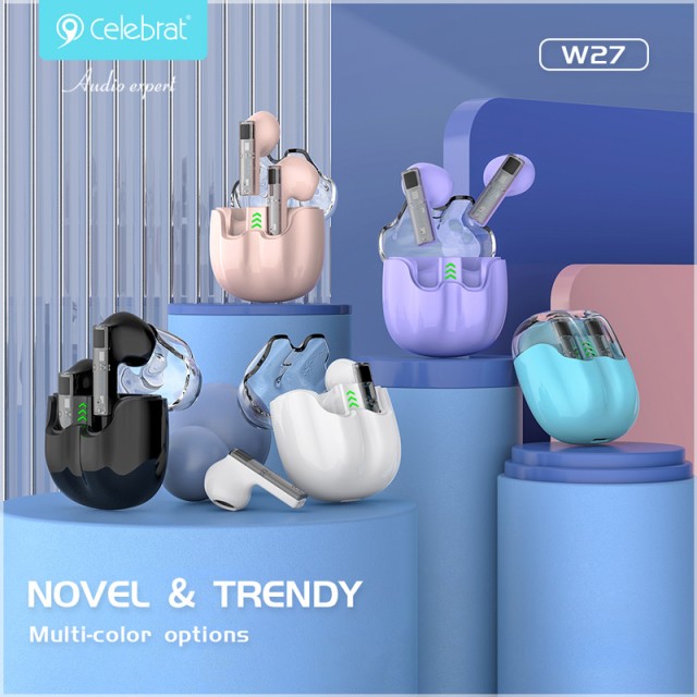 CELEBRAT earphones με θήκη φόρτισης TWS-W27, True Wireless, Φ13mm, ροζ