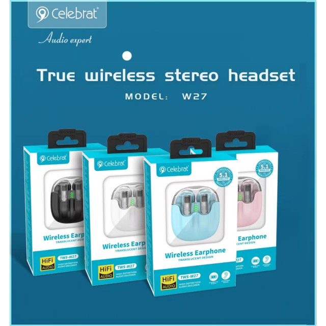 CELEBRAT earphones με θήκη φόρτισης TWS-W27, True Wireless, Φ13mm, ροζ