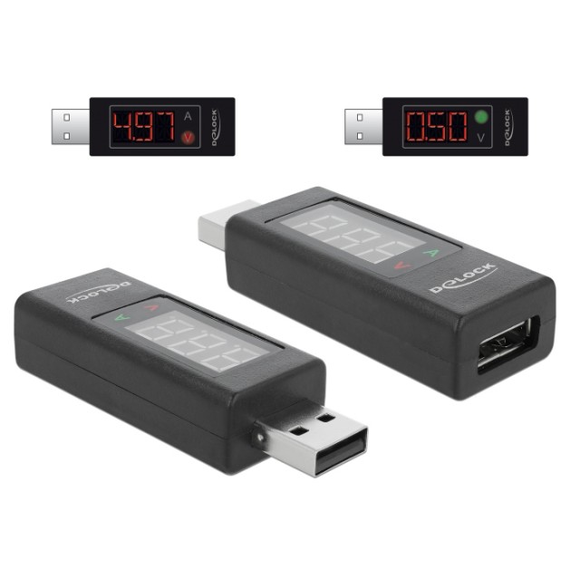 DELOCK αντάπτορας USB 65569 με οθόνη ένδειξης V/A, έως 5V/4A, μαύρος