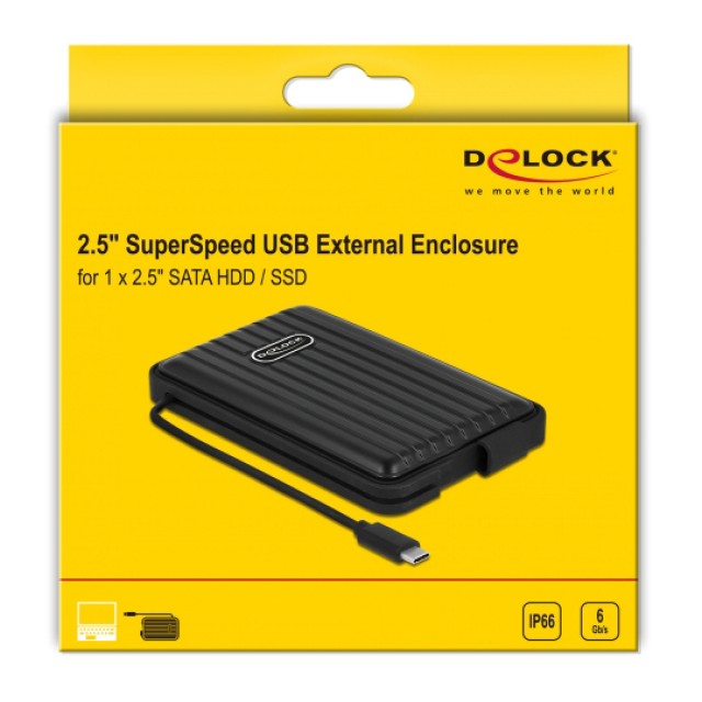 DELOCK θήκη για 2.5" SATA HDD/SSD 42625, 6Gbps, IP66, μαύρη