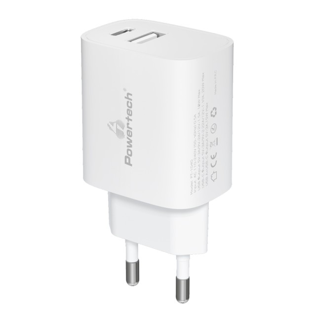 POWERTECH φορτιστής τοίχου PT-1040, USB & USB-C, PD QC3.0, 20W, λευκός POWERTECH φορτιστής τοίχου PT-1040, USB & USB-C, PD QC3.0, 20W, λευκός