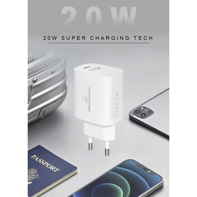 POWERTECH φορτιστής τοίχου PT-1040, USB & USB-C, PD QC3.0, 20W, λευκός POWERTECH φορτιστής τοίχου PT-1040, USB & USB-C, PD QC3.0, 20W, λευκός