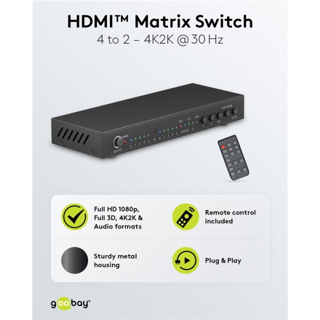 GOOBAY HDMI matrix switch 58478, τηλεχειριστήριο, 4 σε 2, 4K/30Hz, μαύρο