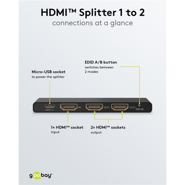 GOOBAY HDMI splitter 58481, 1-in σε 2-out, 4K/60Hz, μαύρο