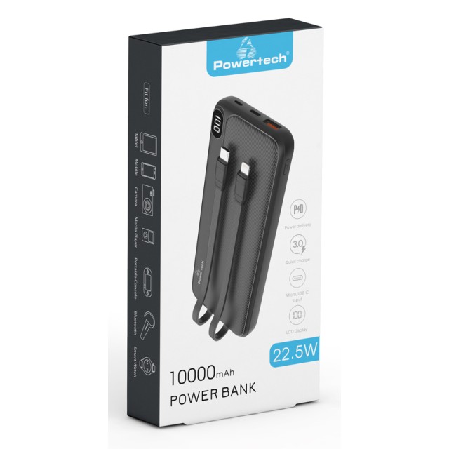 POWERTECH power bank με καλώδια και οθόνη PT-1063 10000mAh, 22.5W, μαύρο