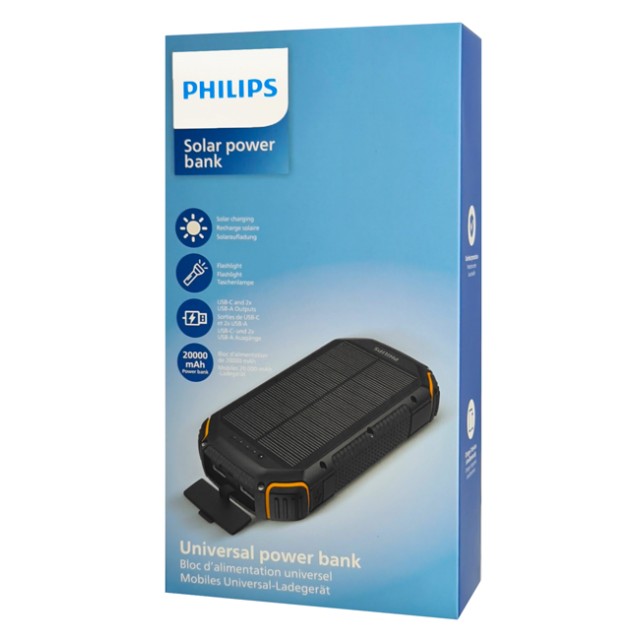 PHILIPS ηλιακό power bank DLP7726N με φακό, 20000mAh, 15W, μαύρο