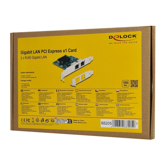 DELOCK κάρτα επέκτασης PCIe x1 σε 2x RJ45 Gigabit 88205, 1000Mbps