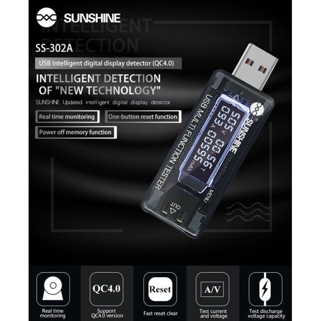 SUNSHINE USB tester φόρτισης SS-302A, V/A/Time/mAh