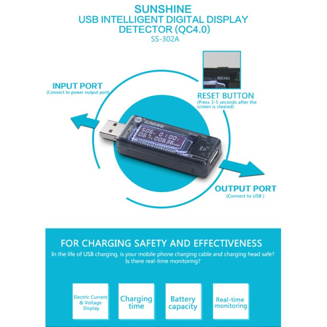 SUNSHINE USB tester φόρτισης SS-302A, V/A/Time/mAh