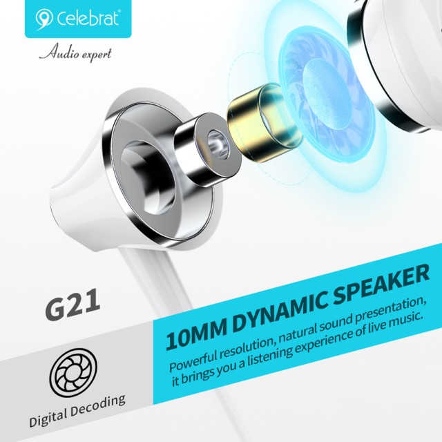 CELEBRAT earphones με μικρόφωνο G21, 3.5mm σύνδεση, Φ12mm, 1.2m, λευκά