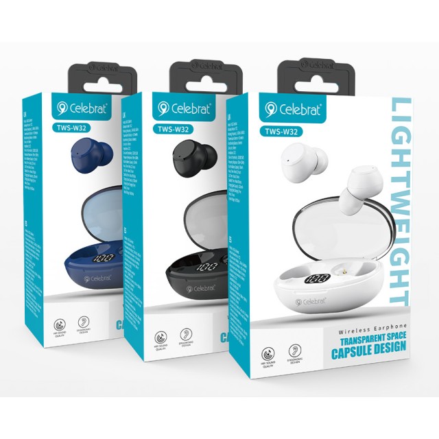 CELEBRAT earphones με θήκη φόρτισης TWS-W32, True Wireless, Φ8mm, μαύρα