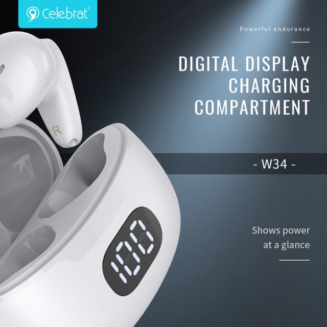 CELEBRAT earphones με θήκη φόρτισης TWS-W34, True Wireless, Φ13mm, λευκά